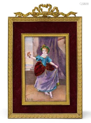 A French enamel plaque of a lady, signed Rochat, early 20th ...
