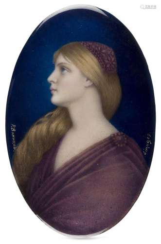 A Limoges enamel portrait plaque of a maiden, by Pierre Bonn...