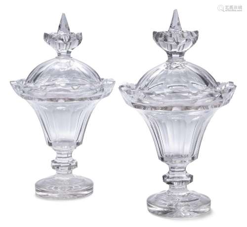 A pair of crystal sweetmeat jars, early 19th century, each w...