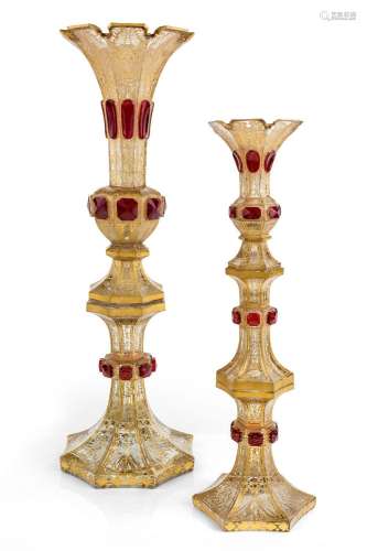 Two Bohemian ruby overlay and clear cut-glass vases, late 19...
