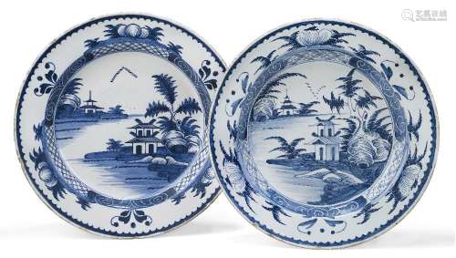 A near pair of English delft chargers, possibly Lambeth, 18t...