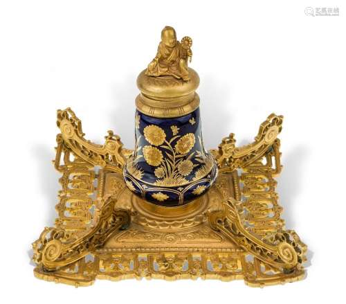 A Victorian gilt-bronze and porcelain inkwell, late 19th cen...