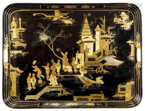 A large black and gilt Chinoiserie tole tray, early 20th cen...