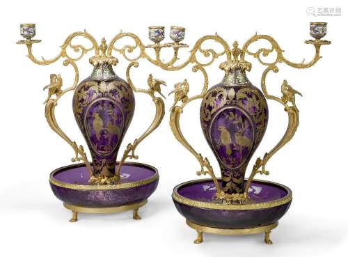 A pair of French gilt-bronze and champleve enamel mounted am...
