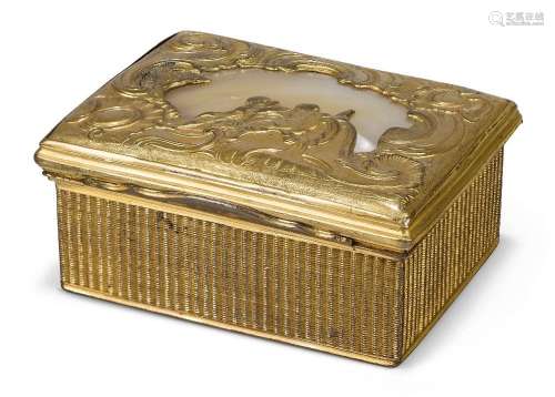 A French gilt-brass snuff box, 19th century, the cover inset...