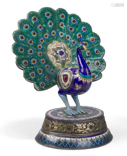 An Indian gilt-metal and meenakari enamel model of a peacock...