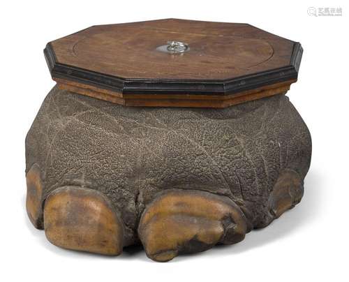 A Ceylonese satinwood and ebony mounted elephant foot box, l...