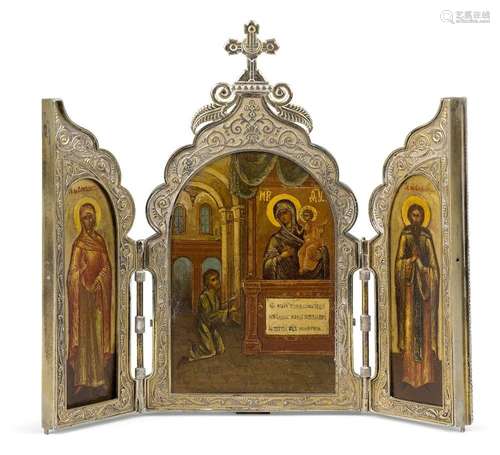 A Russian silver-gilt travelling triptych icon, by Ivan Khle...