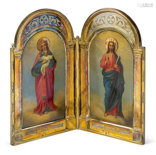 A Russian travelling silver-gilt folding icon, St Petersburg...