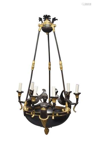 A gilt and patinated bronze six-light chandelier, of Empire ...