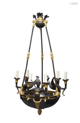 A gilt and patinated bronze six-light chandelier, of Empire ...