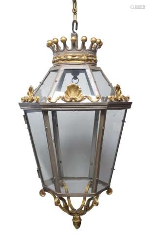 A grey painted and parcel gilt metal hexagonal hall lantern,...