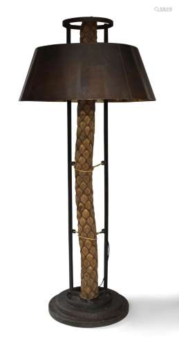 A large bronze iron and wood palm tree standard lamp, late 2...