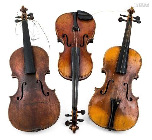 A group of three violins, comprising: a 14 1/8" two pie...