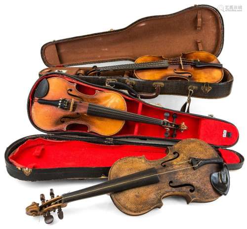 A group of three violins, comprising: a 14" two piece v...