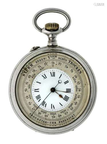 A white metal patent watch aneroid barometer, early 20th cen...