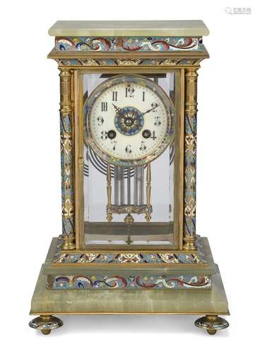 A French champleve enamel and onyx mantel clock, c.1880, the...