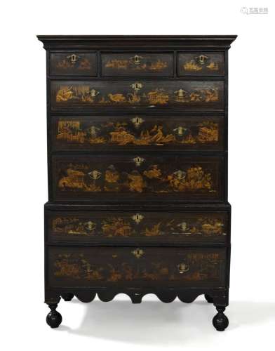A Queen Anne japanned chest on chest, with three short over ...