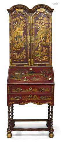 A Queen Anne style Chinoiserie bureau bookcase, early 20th c...