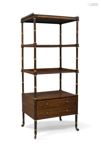 A Regency rosewood four tier whatnot, brass gallery top abov...