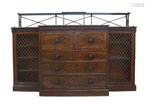 A Regency mahogany breakfront secretaire bookcase, ebony str...