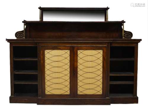 A Regency rosewood breakfront credenza, the mirrored back su...