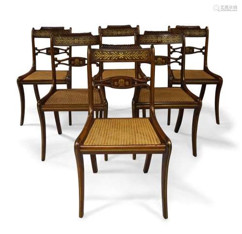 A set of six Regency brass inlaid rosewood dining chairs, wi...