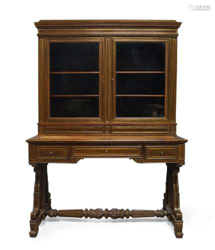 A William IV rosewood secretaire, brass inlaid, two glazed d...