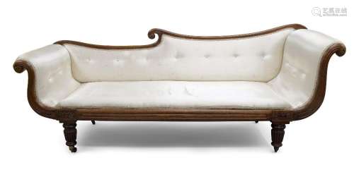 A William IV mahogany chaise lounge, with scrolling ends, si...