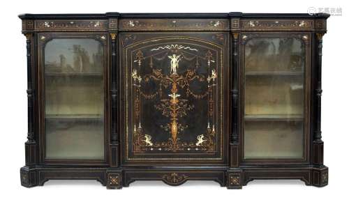A Victorian ebonised credenza, circa 1860, marquetry and ivo...