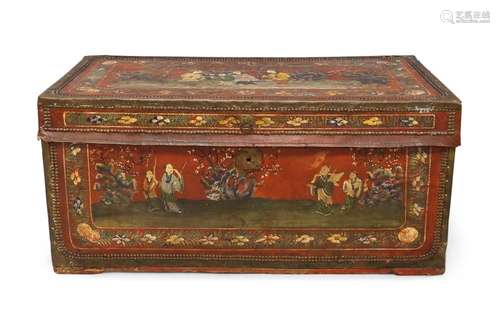 A leather clad camphor wood trunk, 19th century, hand painte...