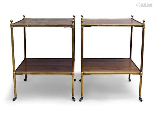 A pair of brass and walnut side tables, in the Mallet style,...