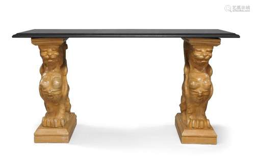 A marble and ceramic console table, late 20th century, the b...