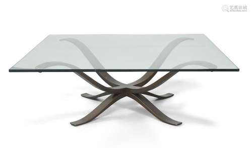 A bronze coffee table, late 20th century, with square glass ...