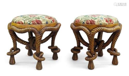 A pair of Napoleon III style walnut rope twist stools, 20th ...