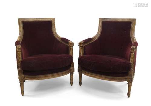 A pair of French beech tub chairs, early 20th century, the f...