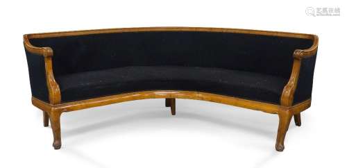 A Biedermeier style birch curved sofa, early 20th century, w...