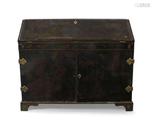 A Chinese black lacquered bureau, 18th century, polychrome d...