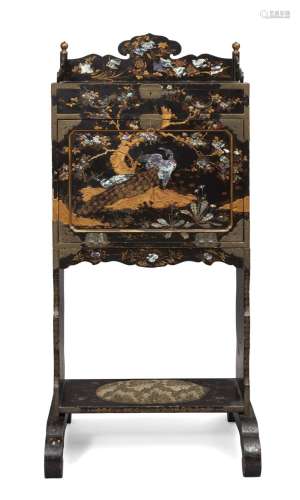 A Japanese lacquer bureau, Meiji period, the front panel lac...