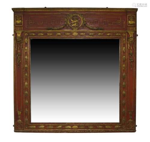 A French red painted and parcel-gilt overmantle mirror, 19th...