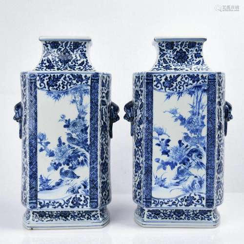 A pair of square vase with blue and white flowers and birds ...