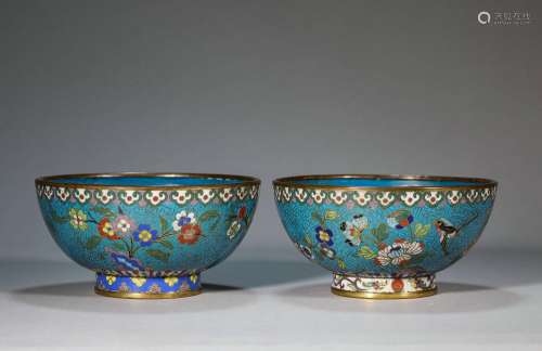 A set of copper filigree enamel floral bowls