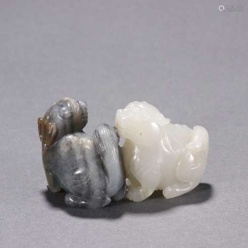 Hetian jade blue and white seed material double joy carving ...