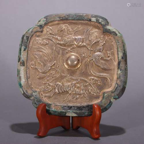 Old bronze gilt "Birds and Beasts" square mirror