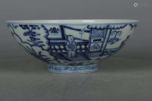 Blue and white figures of ladies in bowls.