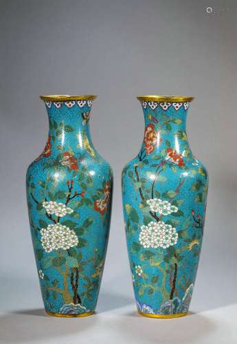 Pair of copper filigree enamel floral olive vases