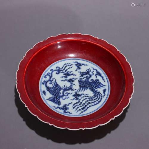 Red ground blue and white double phoenix pattern Kwai mouth ...