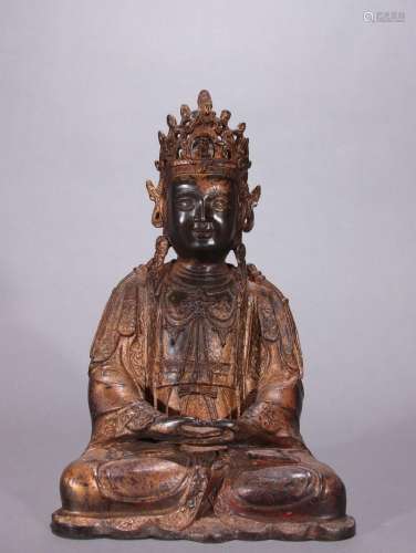 Old bronze lacquered gold Guanyin seated statue ornament