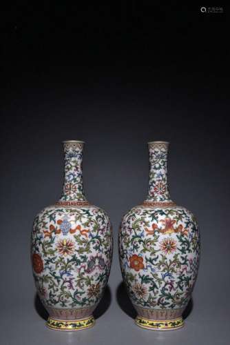 Pair of hand-painted pastel tangled flower pattern bile vase...