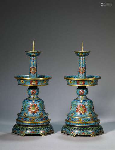 Pair of gilt bronze cloisonné enamel candlesticks